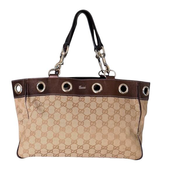 Gucci Handbags - GUCCI Positano Tote Handbag Beige GG Logo Canvas Brown Leather Trim Authentic